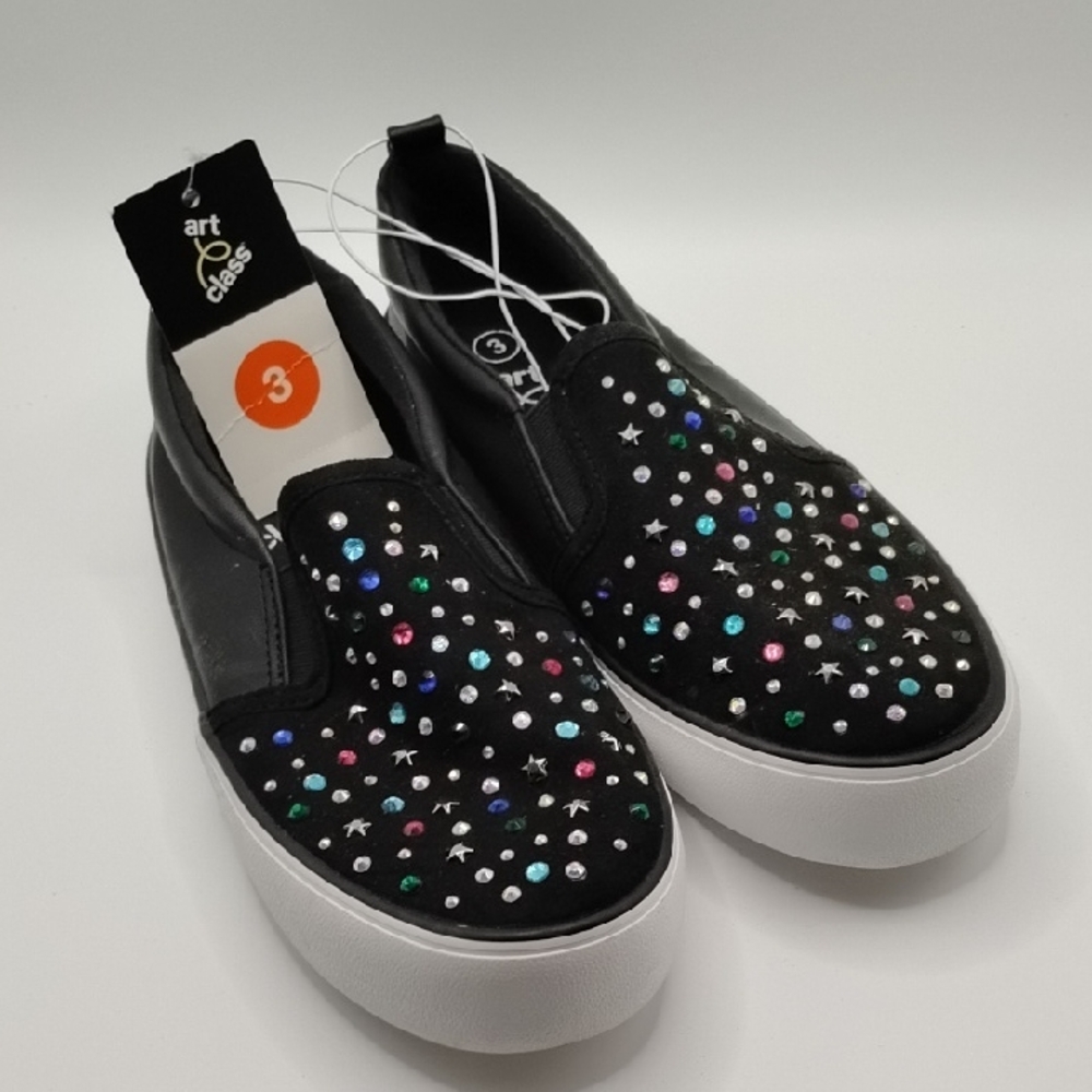 Art Class Black Slip-Ons with Vibrant Rhinestones